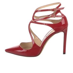 Jimmy Choo Cutout Accent D’Orsay Red Patent Leather Strappy Pointed-Toe Stiletto